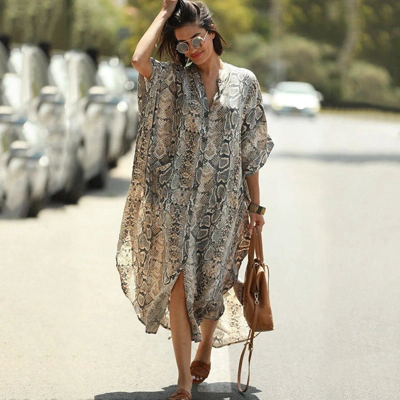 Women's Snake Print Beach Dress Cover Up Long Maxi Dress with UV Protection for Vacation Swimwear Bikini Outerwear