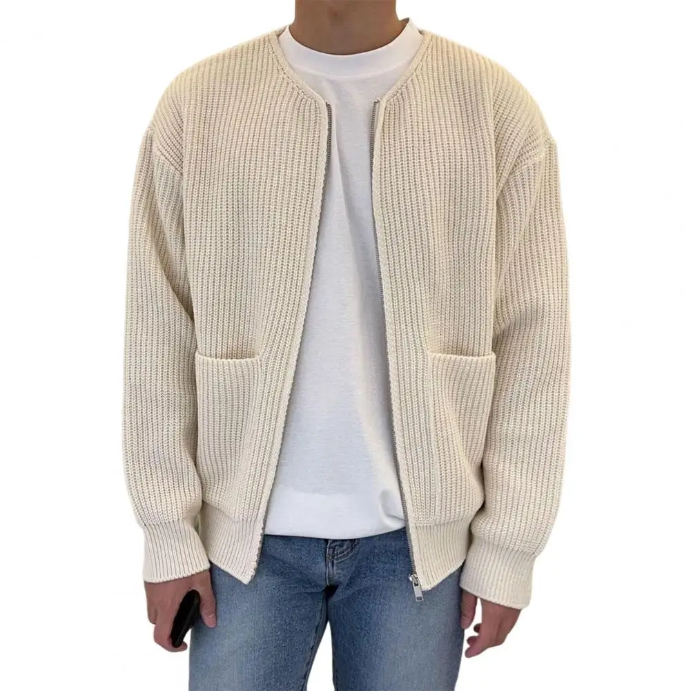 

Versatile Men Sweater Stylish Men's Zip-up Cardigan Sweater with Pockets for Autumn Winter Solid Color Knitwear Jacket for Men