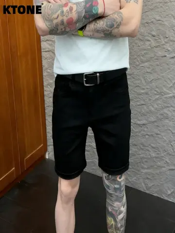 Minimalist Jeans Black Slim Denim Shorts For Man Vintage Y2K Original Drip No accessories or belts included