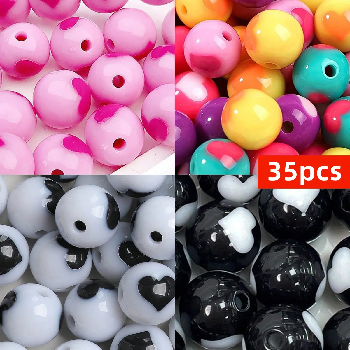 12mm 35pcs DIY Bracelet Accessories Mixed Color Blocking Acrylic Heart Painted Beads Jewelry Making Departments Round