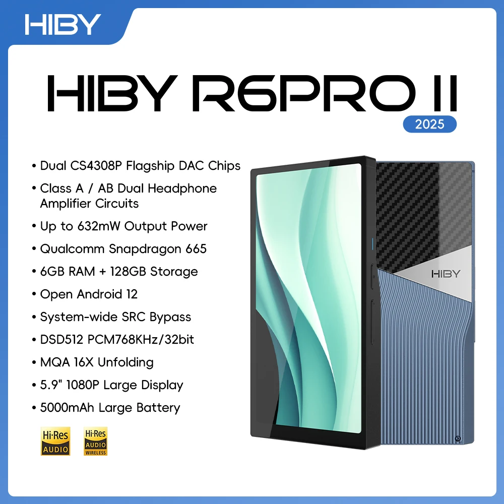 

HiBy R6 Pro II / R6 Pro GEN 2 2025 Music Player HiFi Audio USB DAC Headphone AMP CS4308P*2 632mW 128GB Android 12 DSD512 MQA 16X
