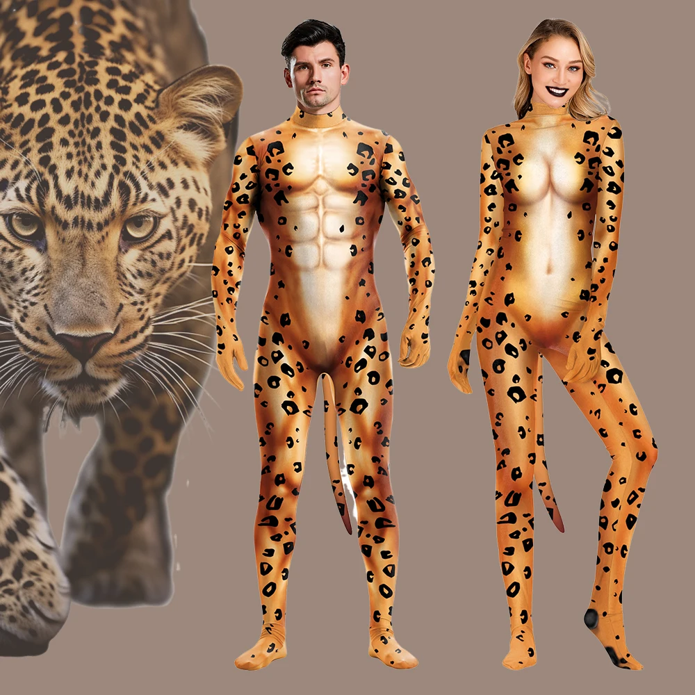 Leopard Zentai mit Schwanz Cosplay Kostüme Halloween Gepard 3D Druck Tier Overall mit Schwanz Karneval Party Zentai Bodysuit