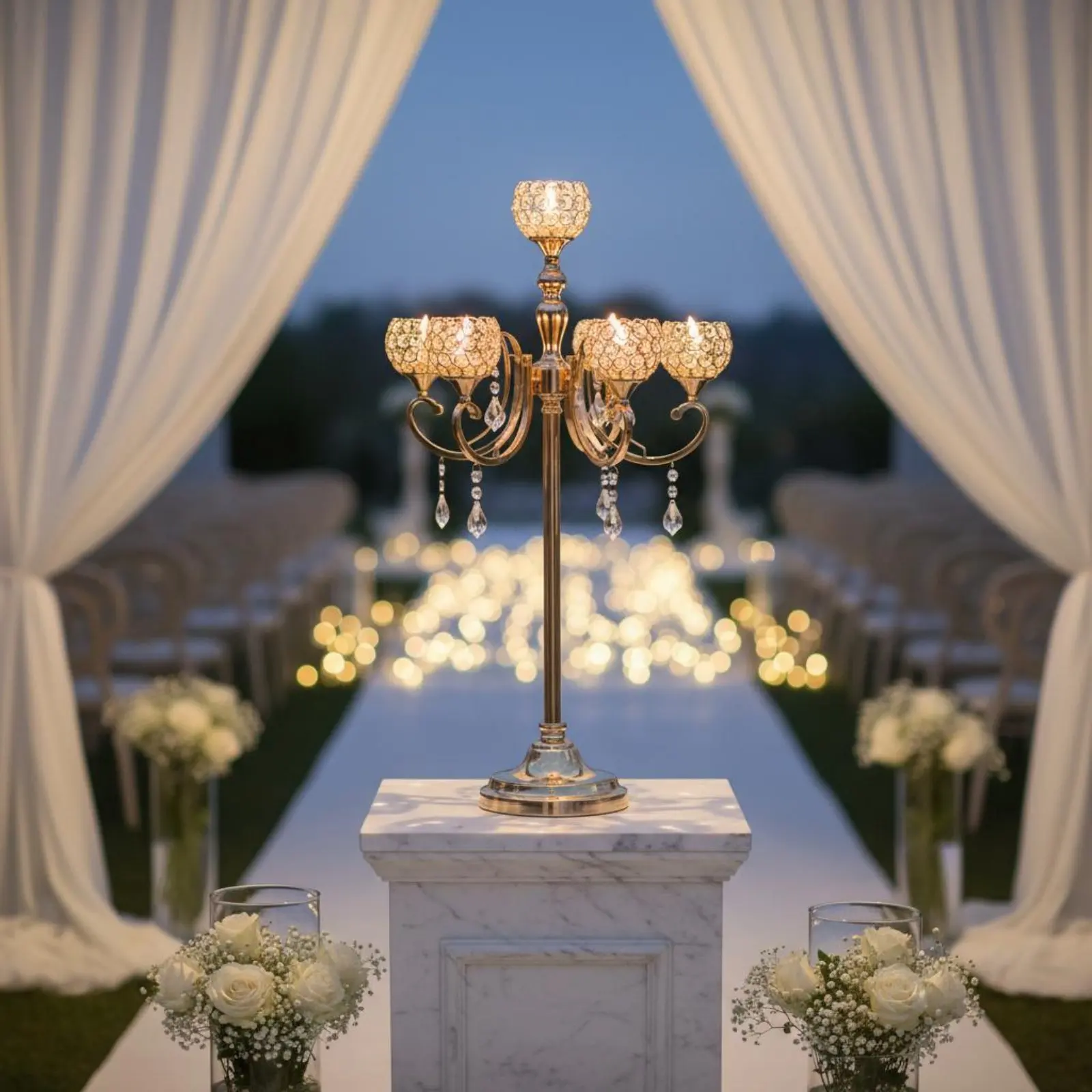 Ornate 5 Head Candle Holder Rust Resistant Gold Wedding Candelabra 5 Branch Floor Candelabra Tall Crystal Candle Stand view 4