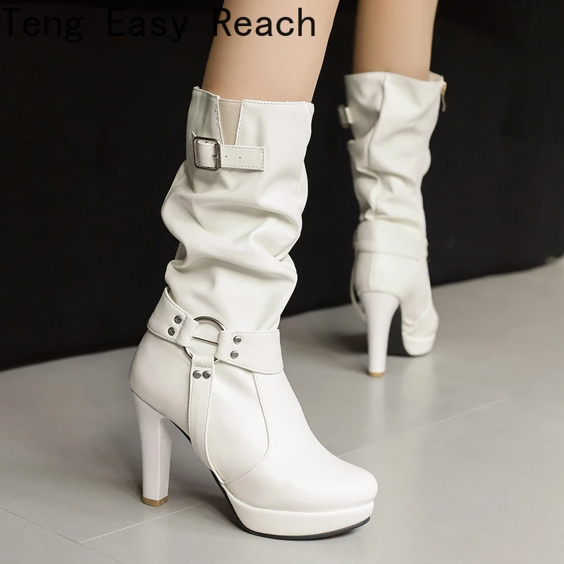 

Женские плиссированные ботинки до середины икры, черно-белые ботинки с напуском, обувь на платформе с пряжками на ремне, удобная обувь на массивном каблуке 10 см