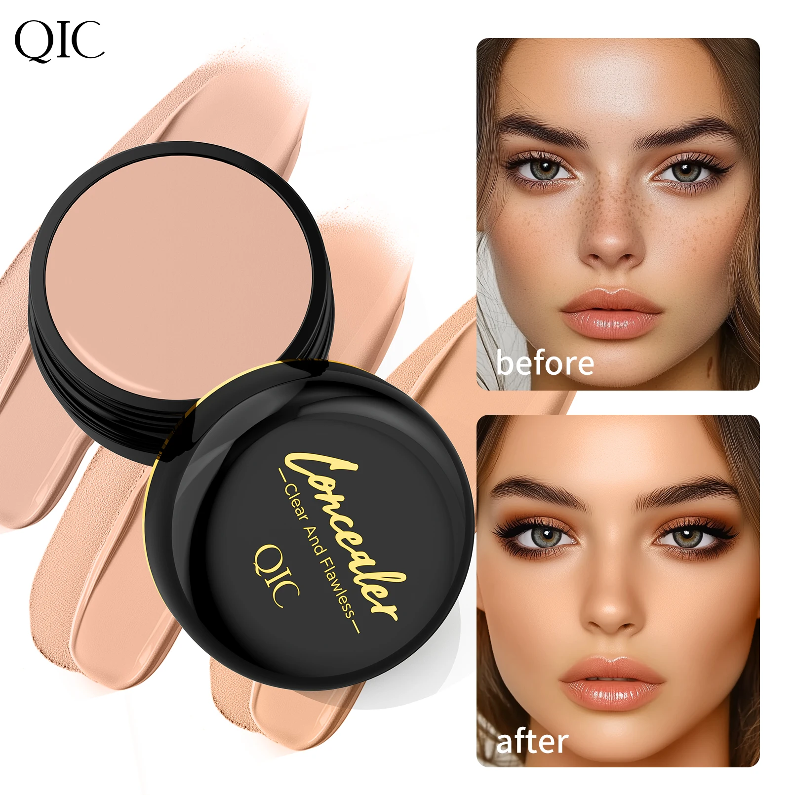 كونسيلر QIC مع فرشاة يغطي الهالات السوداء بشكل احترافي حول العينين والوجه.