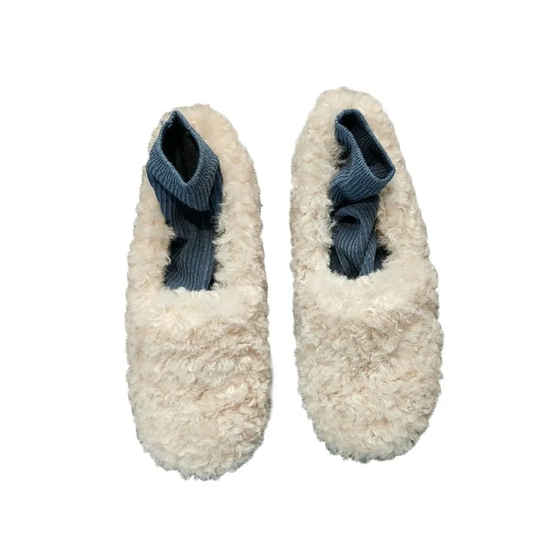 Women\'s 2023 Winter New Style Fur Shoes with One Step Upholstered Thick Sole Lamb Hair and Plush Warm Bean Shoes for Women