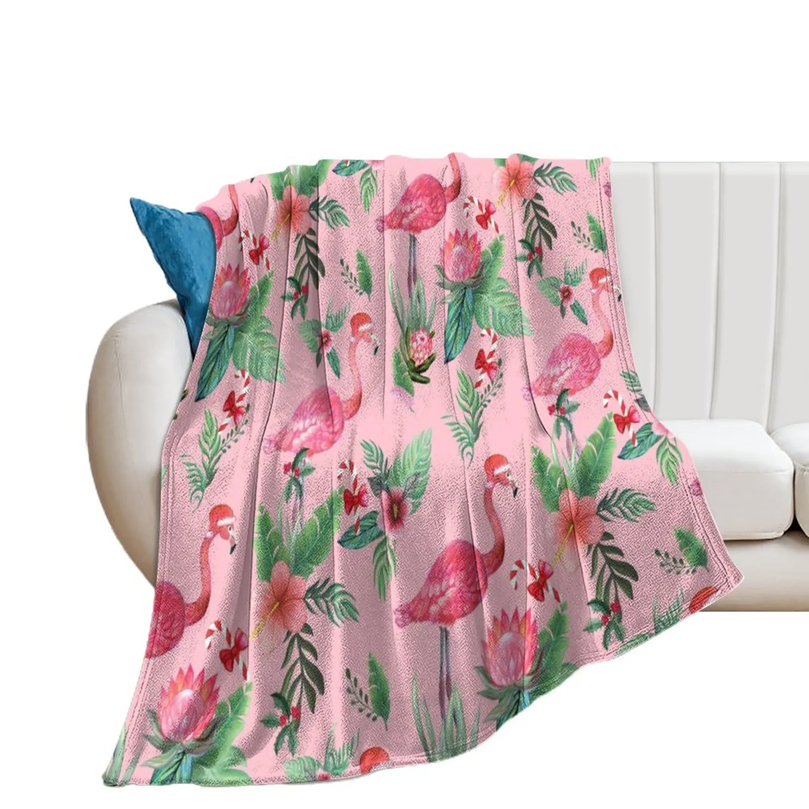 Christmas Flamingo Santa on Pink with candy canes / Tropical Christmas Throw Blanket Decoratives Multi-Purpose Sofa Blankets