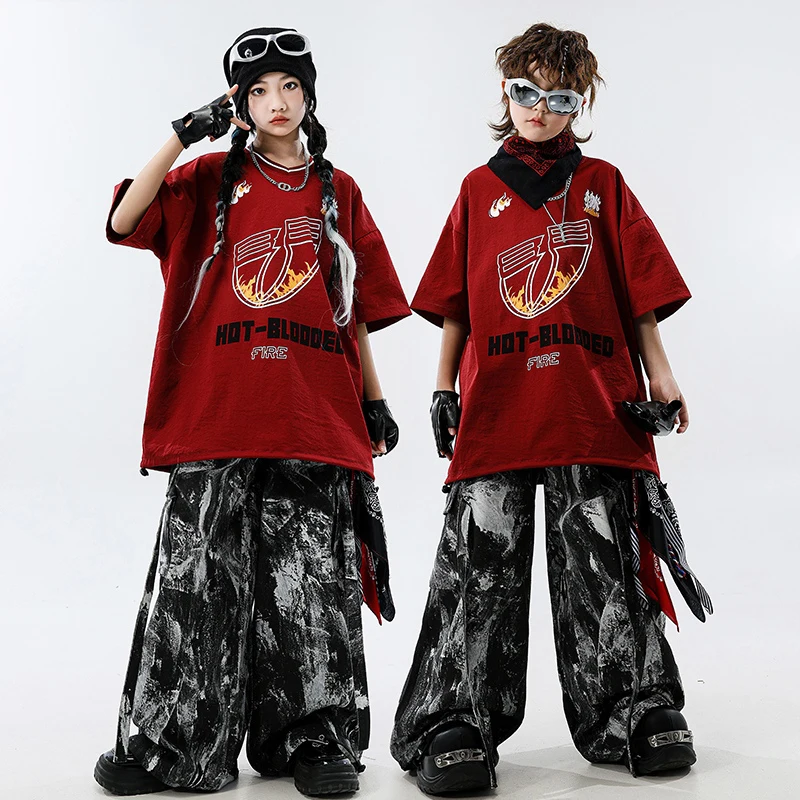Jongens Straatdansen Set Meisjes Jazzdans Kostuum Hip Hop Outfit Kinderen Prestaties Dans Kleding Rode Tops Cargo Broek XH2616