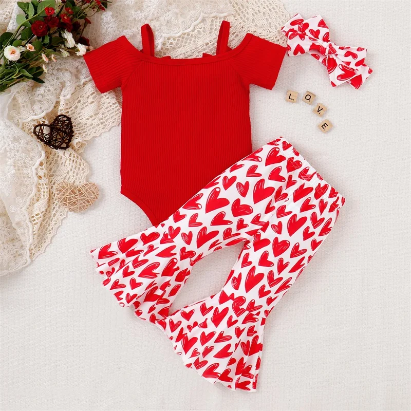 

Sweetheart Valentine s Day Toddler Girls Outfit Set with Solid Color Bow Sling Romper Heart Print Flare Pants and Headband -