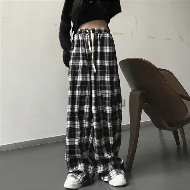Duże damskie spodnie dresowe modne czarne spodnie w kratę luźne elastyczne kieszenie w pasie studentki Unisex luźne spodnie Hip Hop