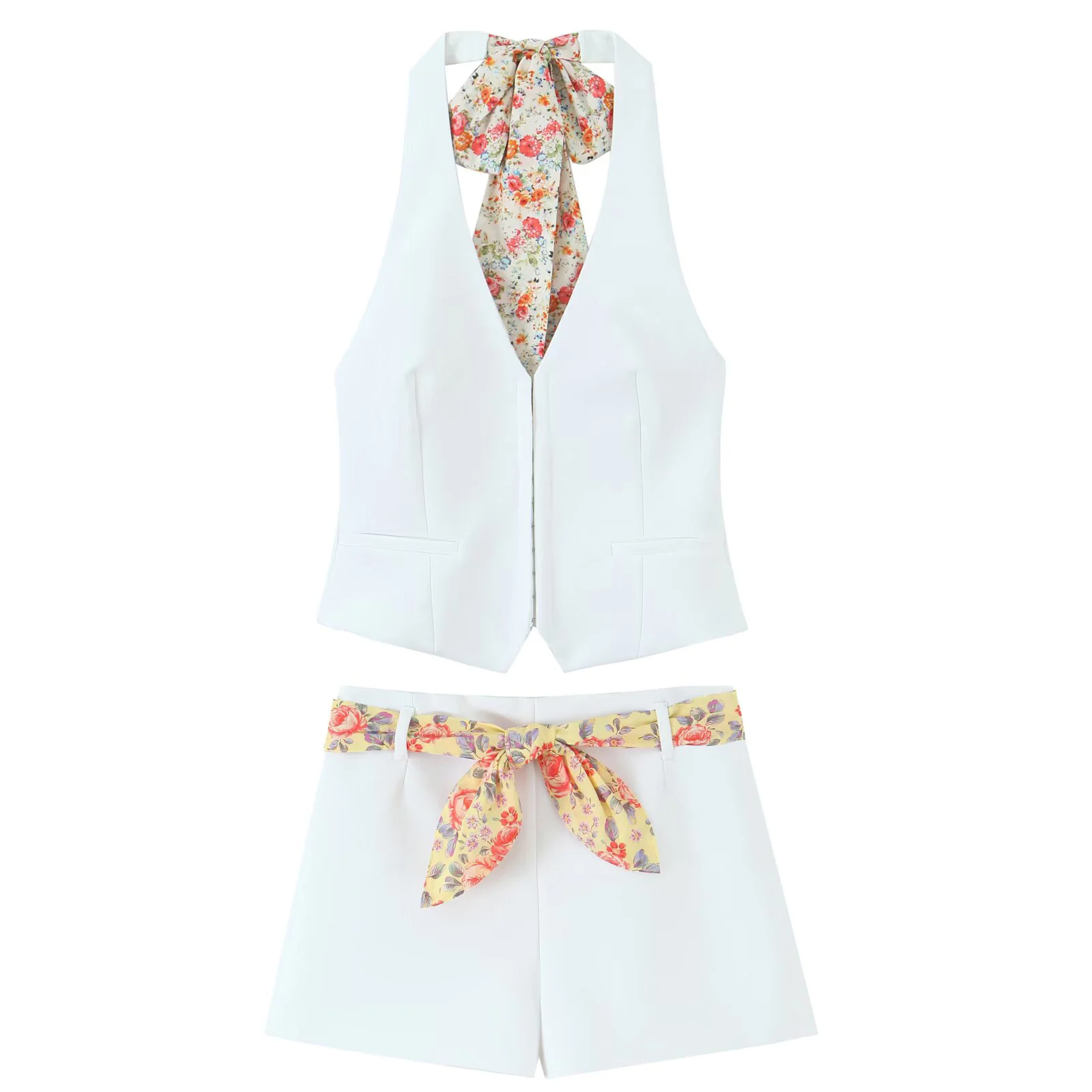 

Summer New Product Women's Open Back Design Hanging Neck Collar Strap Top Casual Printed Strap High Waist Shorts