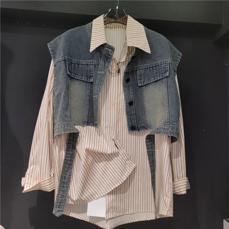 

SuperAen Women's 2025 Autumn New Design Fashion Denim Short Loose Vest Oversize Solid-colored Shirt Two-piece Sets