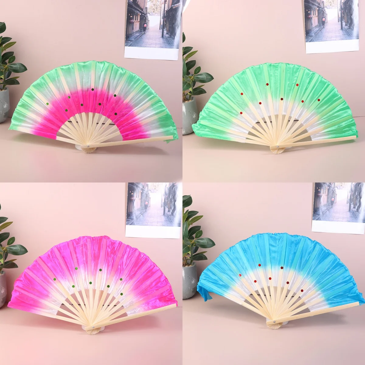 1PC 30cm Chinese Short Bellydance Fan Bamboo+10/20cm Half Circle SilkVeil Pairs Yangko Belly Dancing Fan Hand Dye Adults