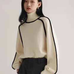 2024 Autumn and Winter Half High Collar Three-Dimensional Stripe Slim Casual Loose Pullover Knitted Sweater Lazy Style Sweater