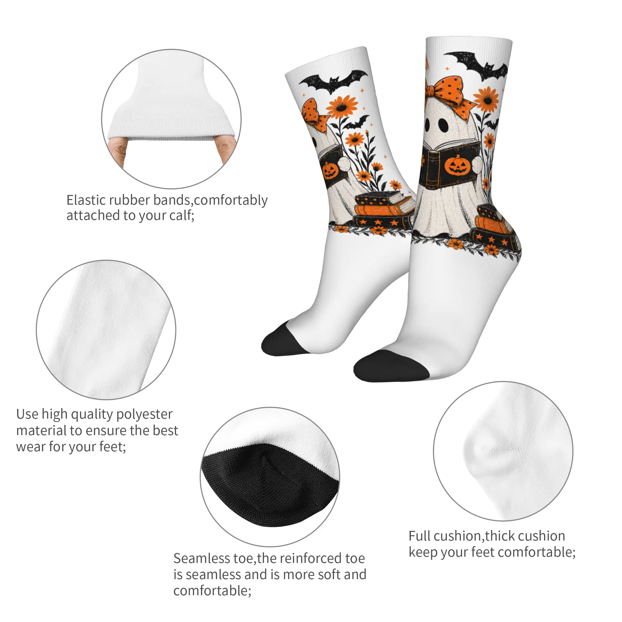 Casual Halloween Ghost Reading Book Basketball Socks Pumpkin Flowers Polyester Middle Tube Socks for Women Men Breathable