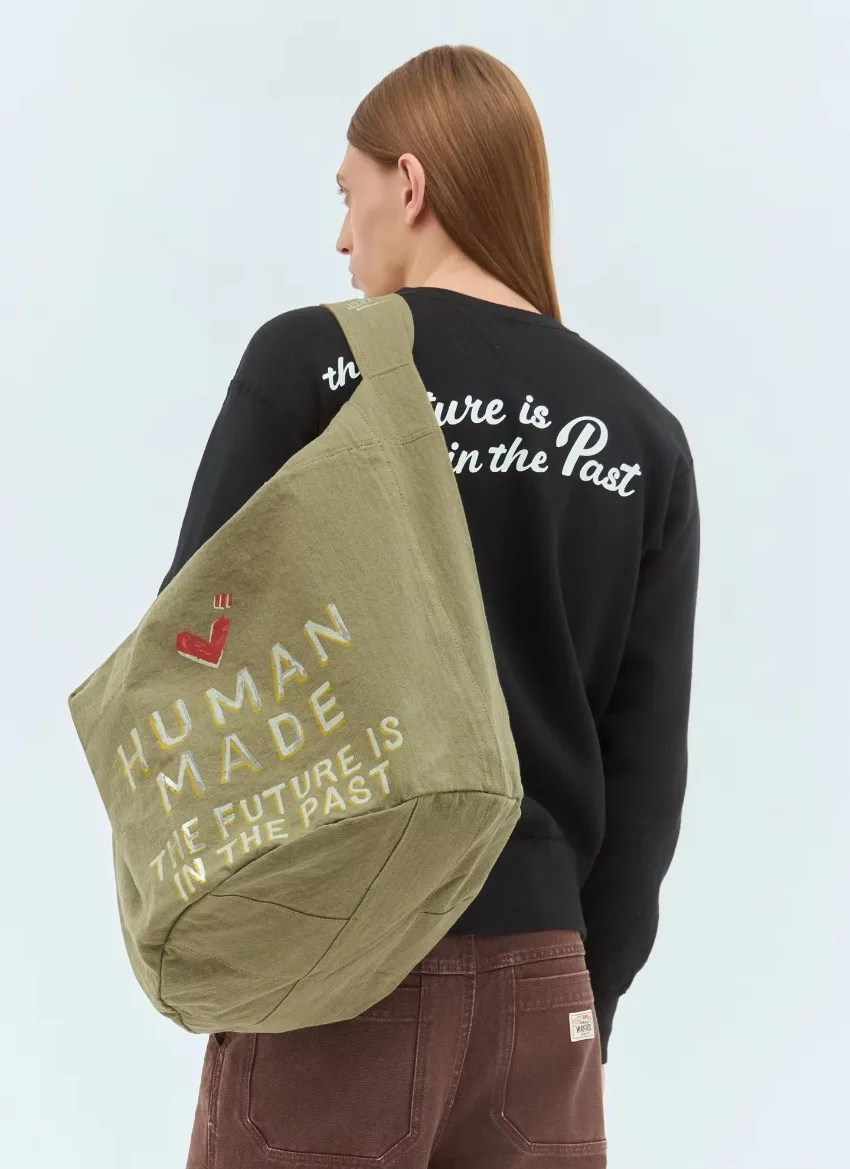 HUMAN MADE Unisex Multi Functional Tote Bag Olive Drab Military Cloth Graffiti Design Large Capacity Casual