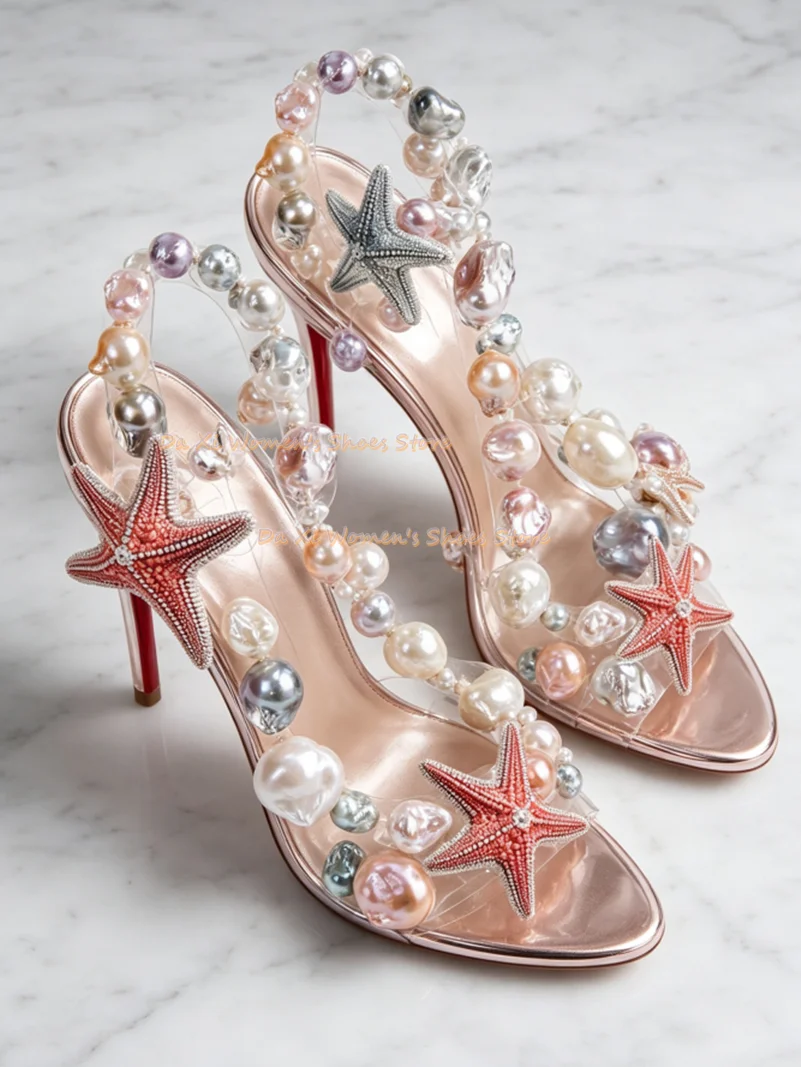 Baroque Pearl Starfish Decor High Heel Sandals Transparent PVC Open Toe Slingback Stiletto Heel Party Wedding Dress Shoes 2026 view 5