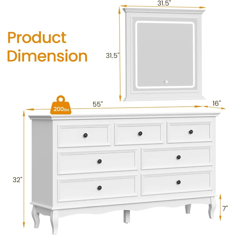 White 7 drawer dresser with mirror, bedroom large chest of drawers, dresser with LED mirror