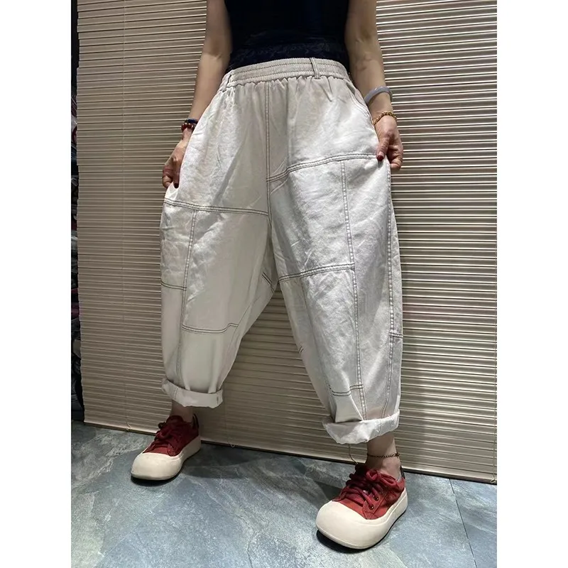 Imagem -05 - Calça Denim Harém de Algodão com Cintura Elástica Jeans Solto Branco Estilo Novo Artístico Casual Primavera e Verão Primavera-verão 2023