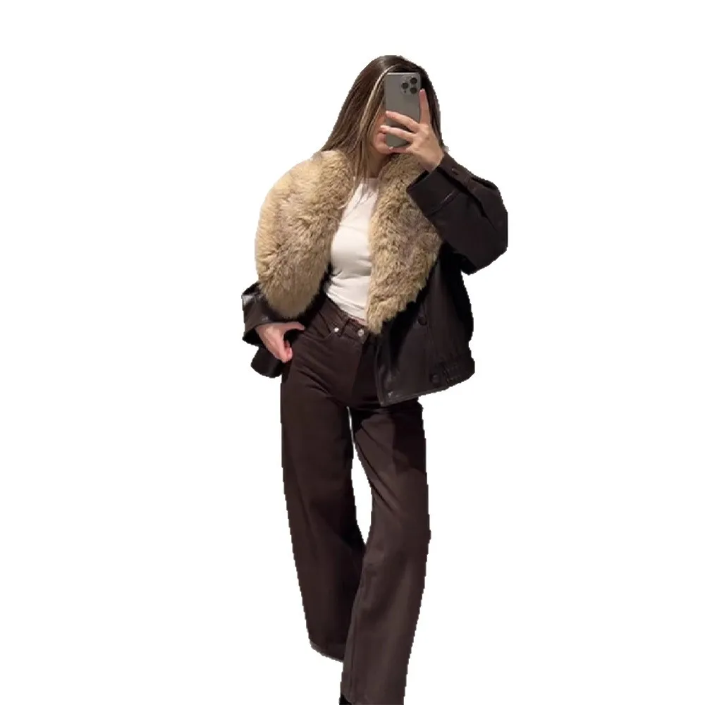 2025 Autumn and Winter New Products Personalized Street Versatile Removable Fur Collar PU Leather Jacket Women
