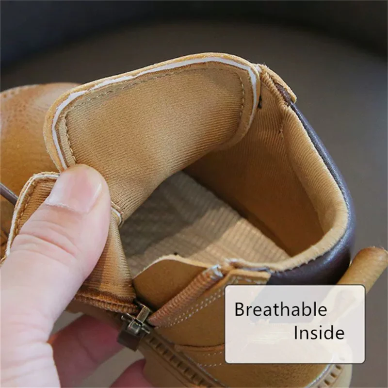 2025 جديد الخريف أحذية أطفال طويلة الرقبة للبنين بولي Leather الجلود حذاء من الجلد المطاط وحيد البريدي الجانب موضة طفل أطفال الأحذية 15-25