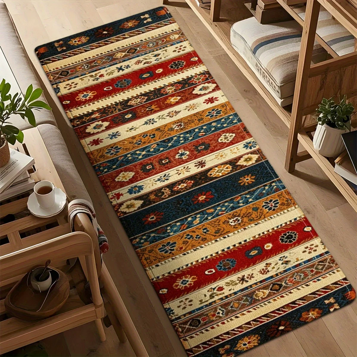 Bohemian Vintage Tribal Print Long Runner Rug, Colorful Floral Striped Pattern Non-Slip Washable Floor Mat for Living Room