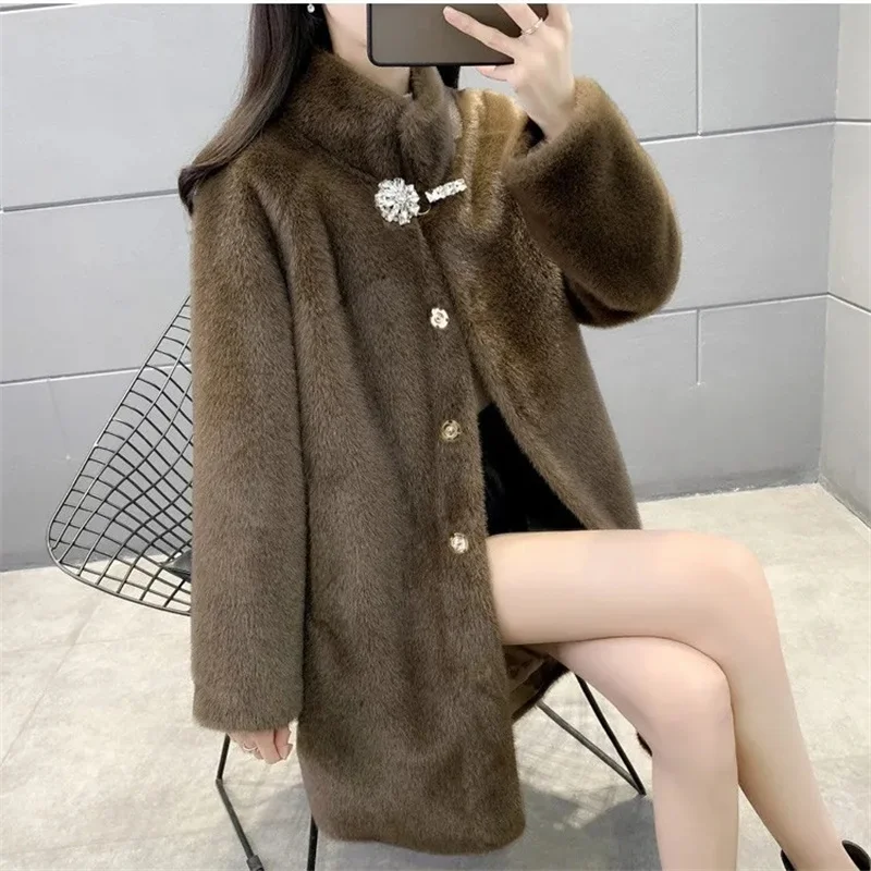 Mink Fleece Coat Medium Long Fur One Piece Coat Gold Mink Fleece Coat 2023 Winter New Standing Collar Fur Coat Solid Commuter B1