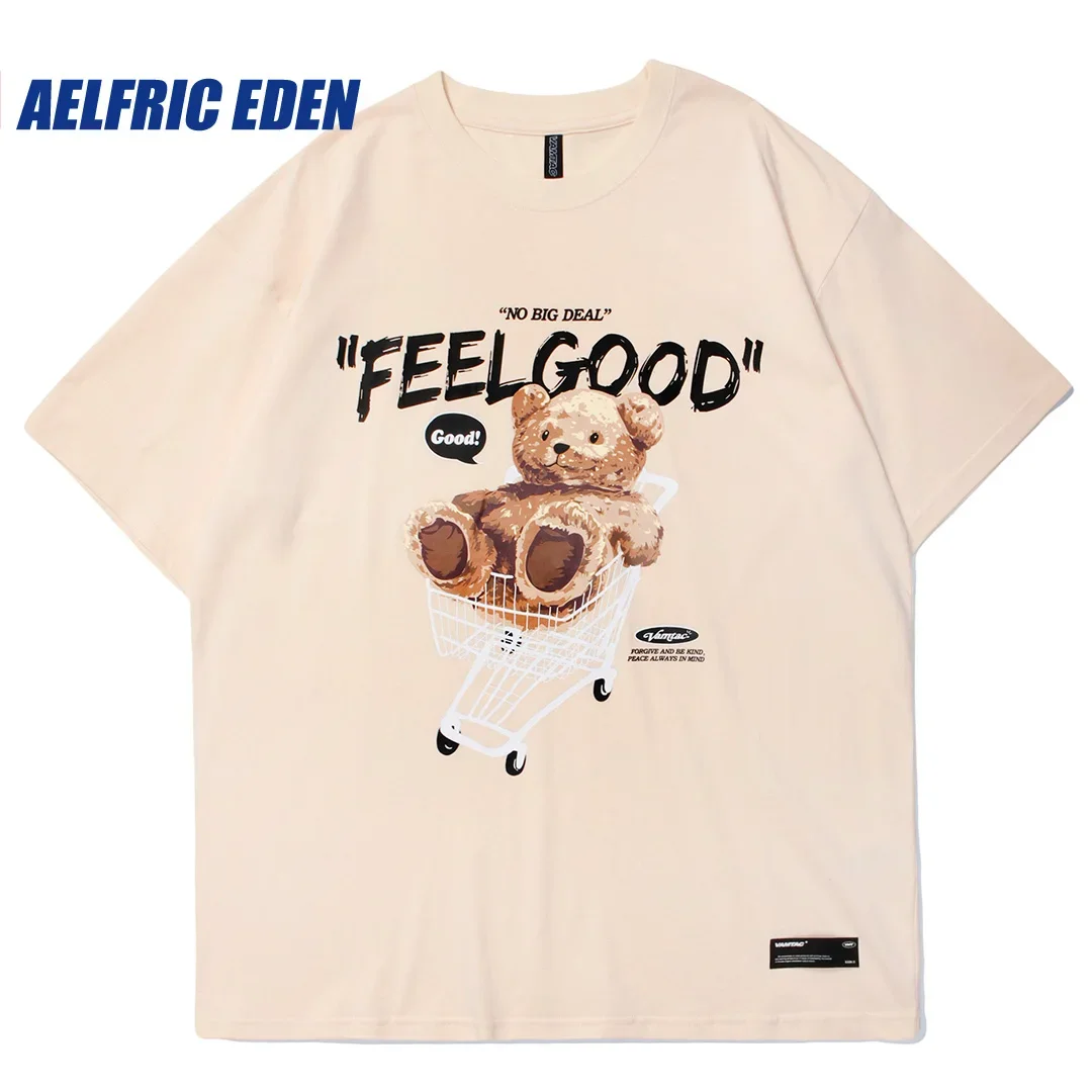 

Aelfric Eden Short Sleeve Tees Harajuku Streetwear Toy Bear Shopping Cart Print T-Shirts Cotton Casual Hip Hop Loose Tshirts Top