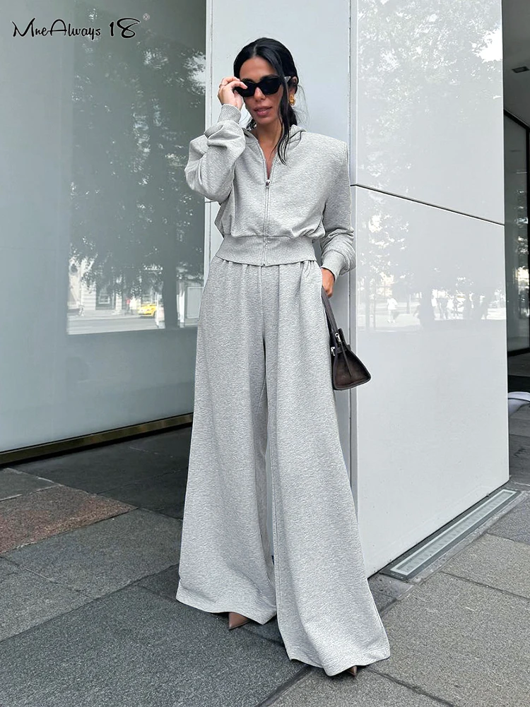 Mnealways18 Gray Sporty Women Pants Sets Two Pieces Zipper Sweatshirt And Wide Leg Sweatpants Outfits Autumn Winter Casual Suits