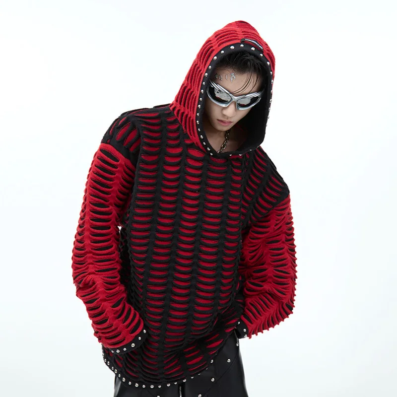 IEFB Contrast Color Men's Knitted Hooded Sweatshirt Metal Rivet Thickened Sweater 2024 Patchwork Long Sleeve Male Tops 24E2727