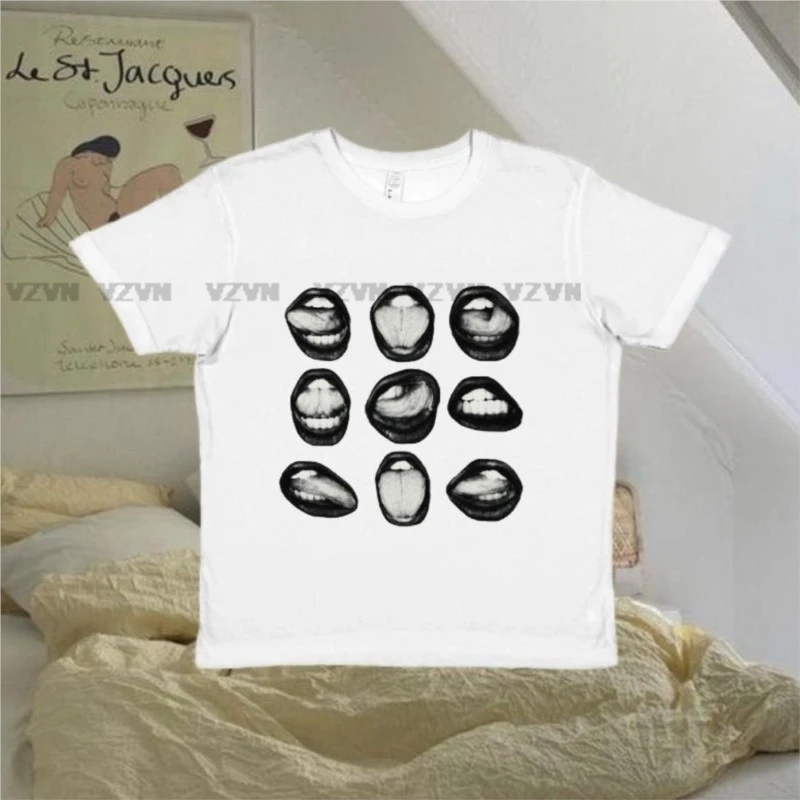 

Y2K Lips printed Punk Streetwear vintage Harajuku Gothic Baby tee Girls Crop tops short sleeve O-neck Hip Hop Summer Clothes