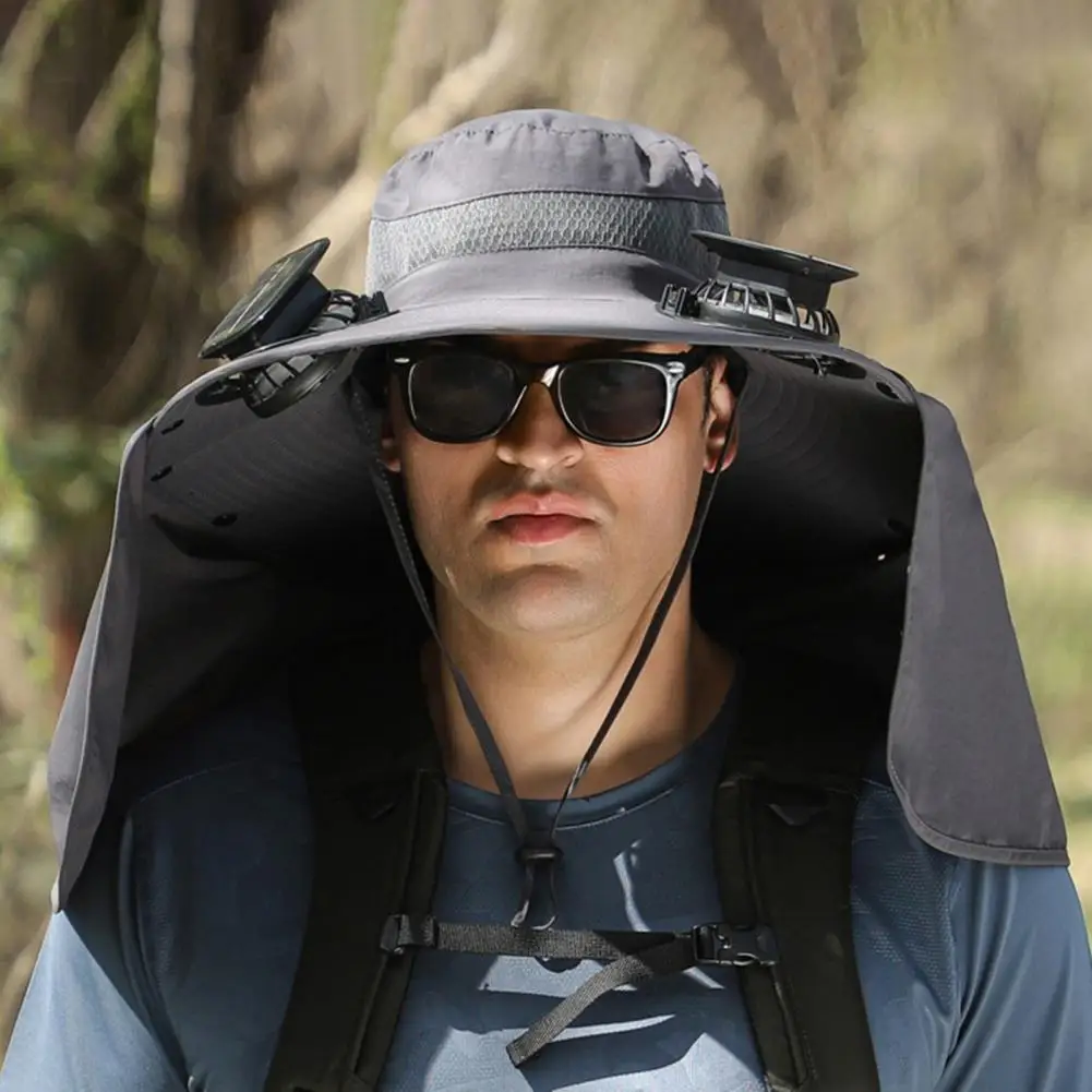 Fisherman Hat with Dual Powered Solar Fan UPF50+ Fabric Hands-Free Cooling Hat with Rechargeable Clip Fishermen Hat