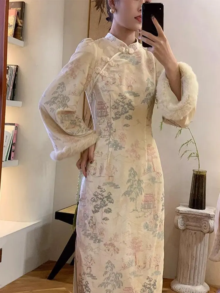 

Autumn Winter Mandarin Cheongsam Collar Floral Woolen Cheongsam Flare Sleeve Qipao Chinese Women Dress