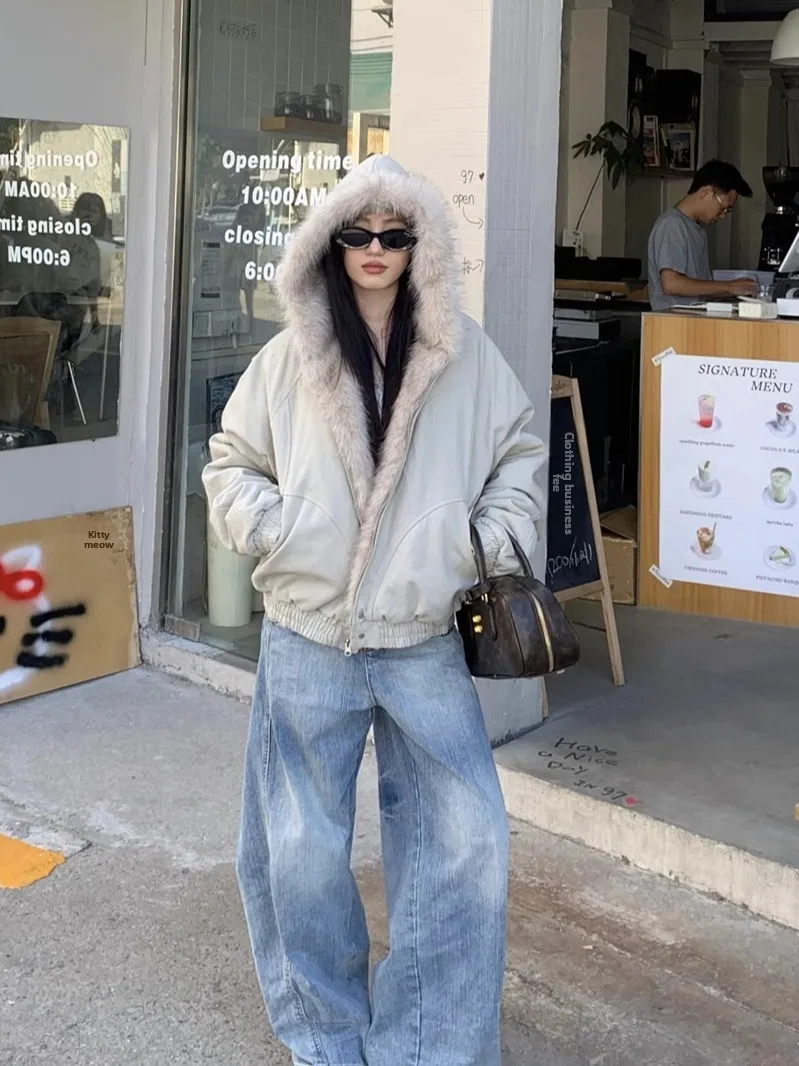 معطف نسائي شتوي مبطن من القطن بقلنسوة من American High Street Thiened معطف سترة نسائي شتوي مبطن بياقة منفوشة وسحاب طويل