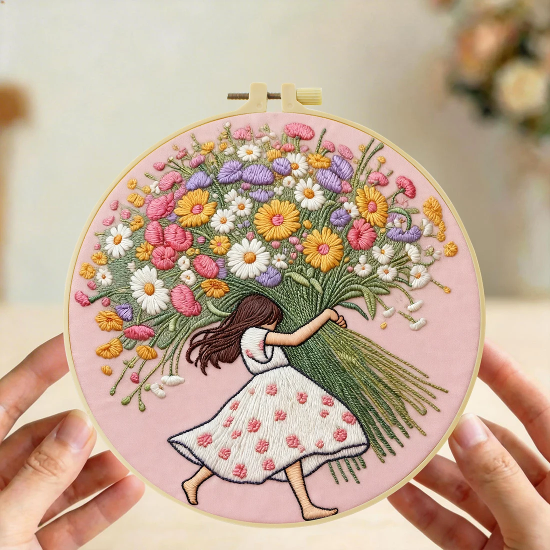 1 Stück 20X20CM/15X15CM Das Mädchen mit Blumen Stickerei Starter-Kit DIY Kreuzstich Nähkunst als Geschenk – Detail 4