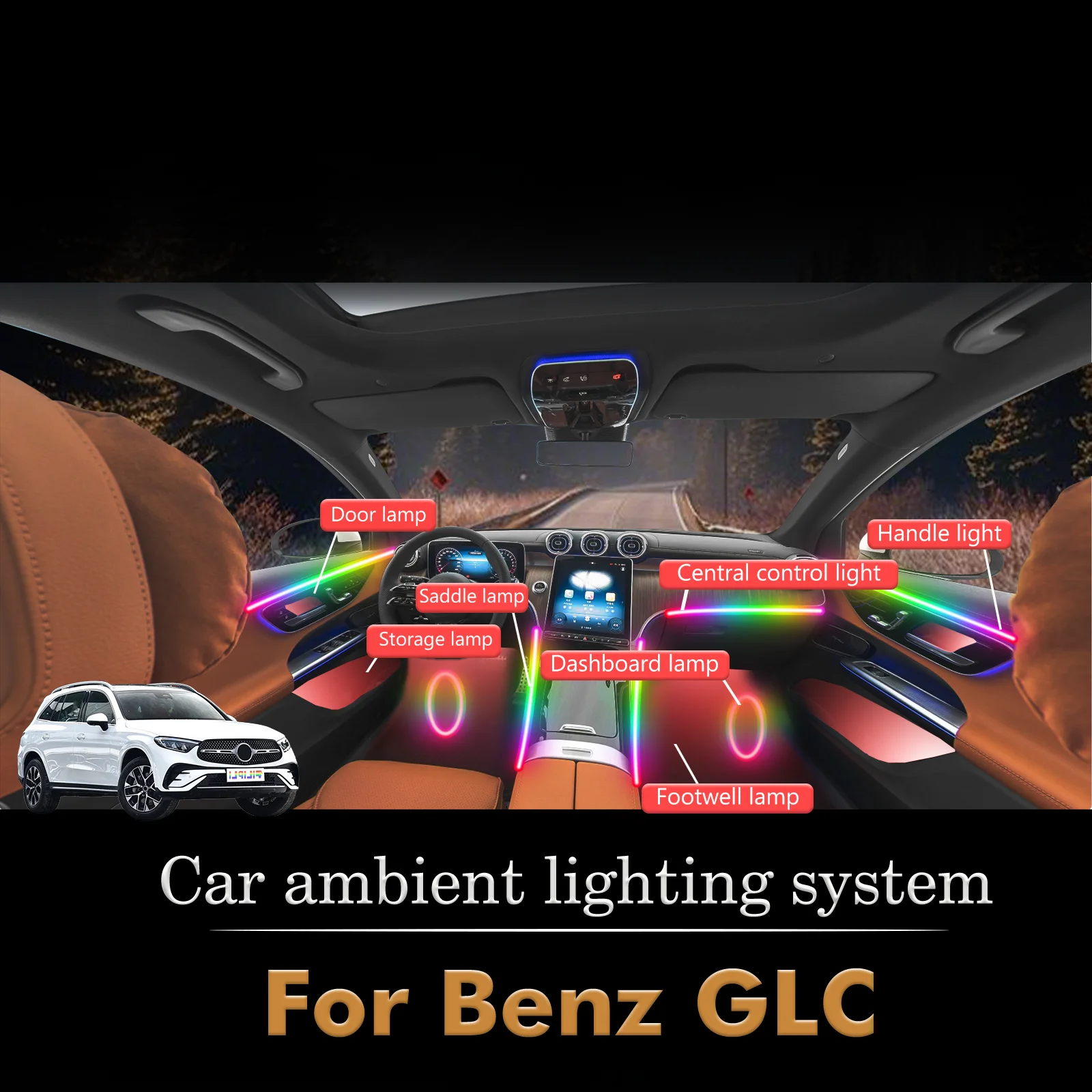 

For BenZ GLC Smart Remote Control RGB 64 Colors LED Car Interior Ambient Light Energy Saving Efficient Lamp Kit