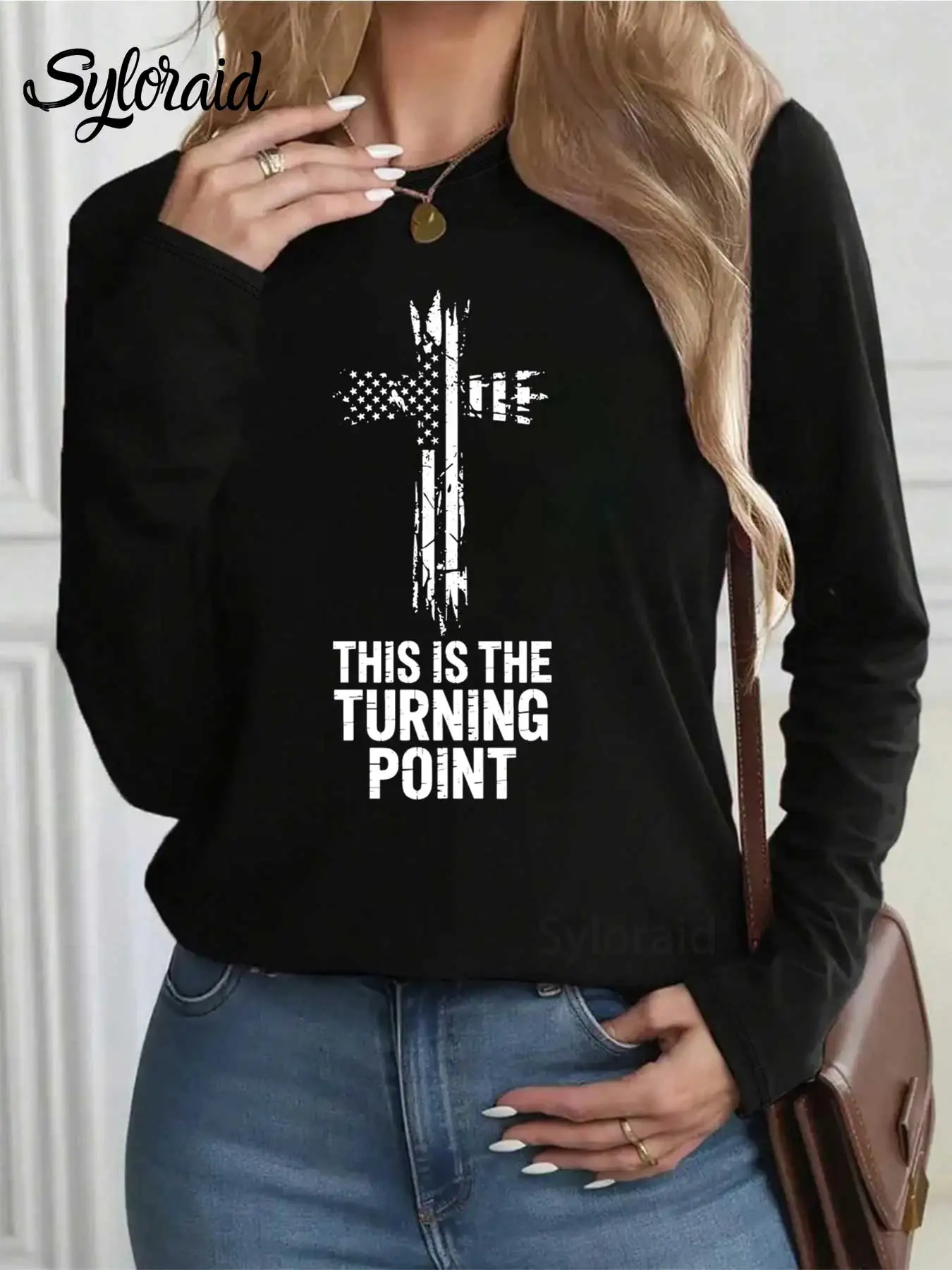 تي شيرت نسائي بأكمام طويلة، هذا هو تي شيرت مطبوع عليه نقطة الدوران، قميص كروس فيث، قميص كاجوال برقبة دائرية