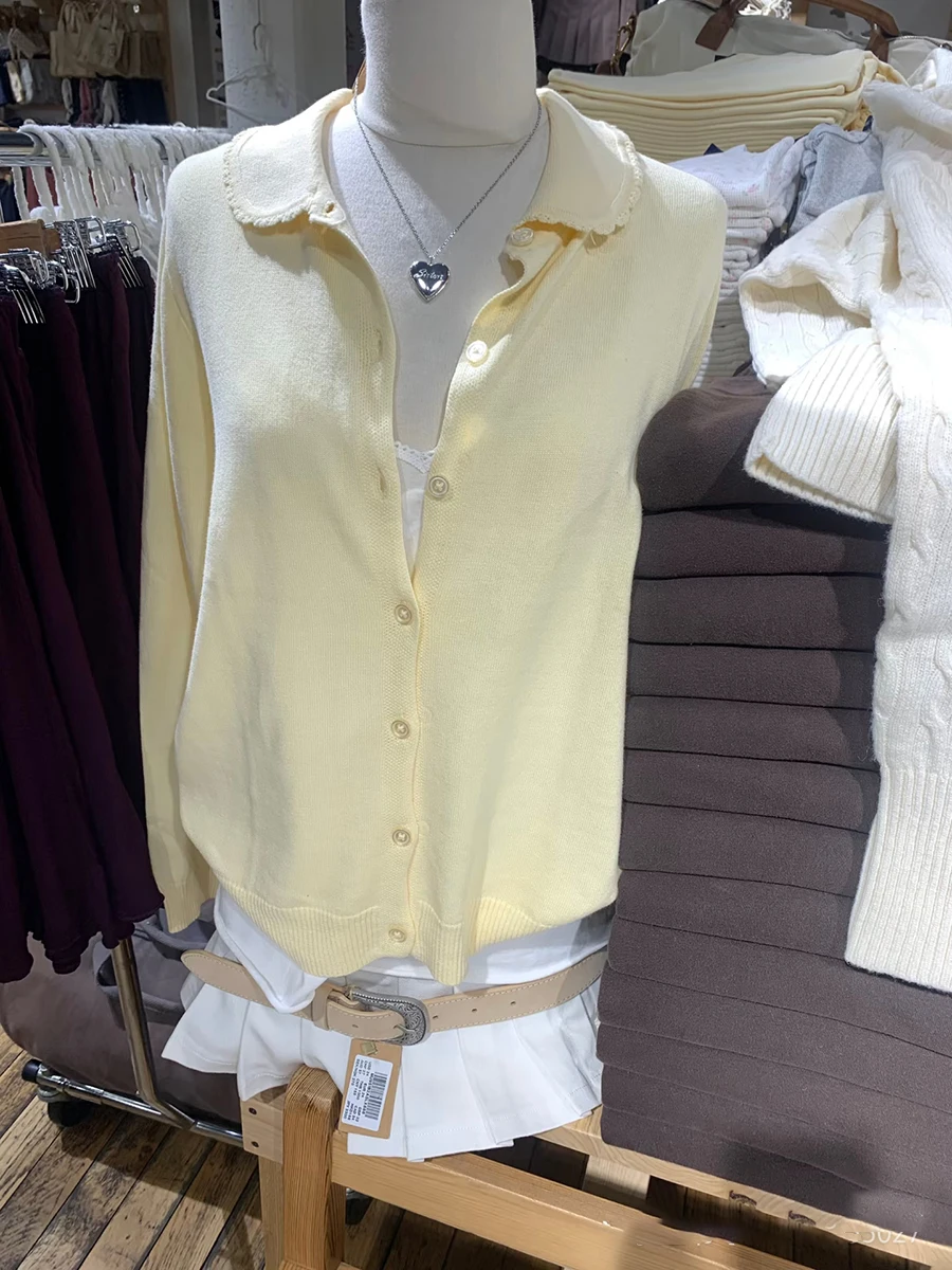 

Желтый вязаный свитер с кружевной отделкой, кардиган, женский осенний однобортный трикотаж с воротником Питера Пэна, милый однотонный топ с длинными рукавами Y2k