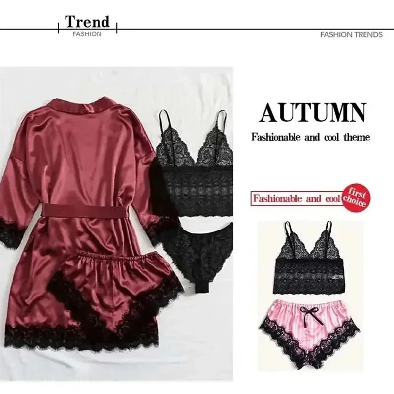 ชุดนอนผ้าซาตินลายพิมพ์แฟชั่นสำหรับผู้หญิง แต่งขอบลูกไม้เซ็กซี่ เนื้อผ้าคล้ายไหม นุ่มสบายต่อผิว ชุดนอนลำลองเซ็กซี่