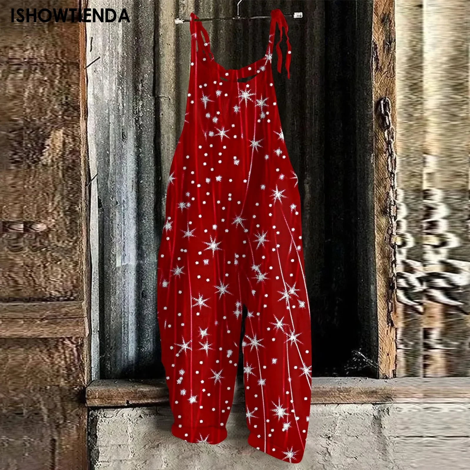 Women's Christmas Snowman Print Adjustable Strap Jumpsuit Wide Leg Rompers Loose Casual Bib Overalls Strappy Dungarees Onesie