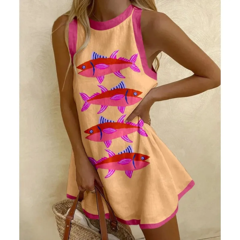 Mode imprimé Mini robes pour femmes 2025 été décontracté sans manches col rond plage vacances robe d'été fête femme robes courtes