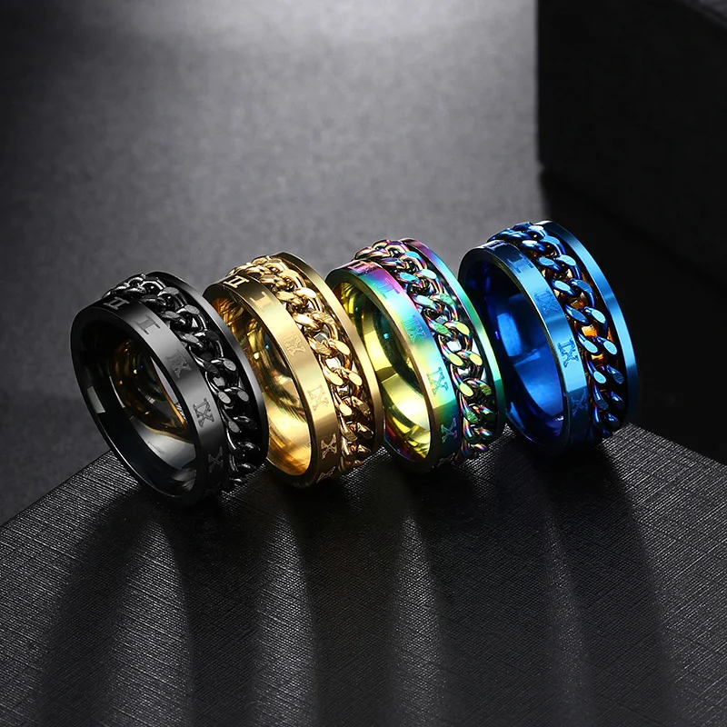 Anillo giratorio antiansiedad para hombre, cadena de acero inoxidable, titanio, Azul, Negro, Punk, Rock, Hippie