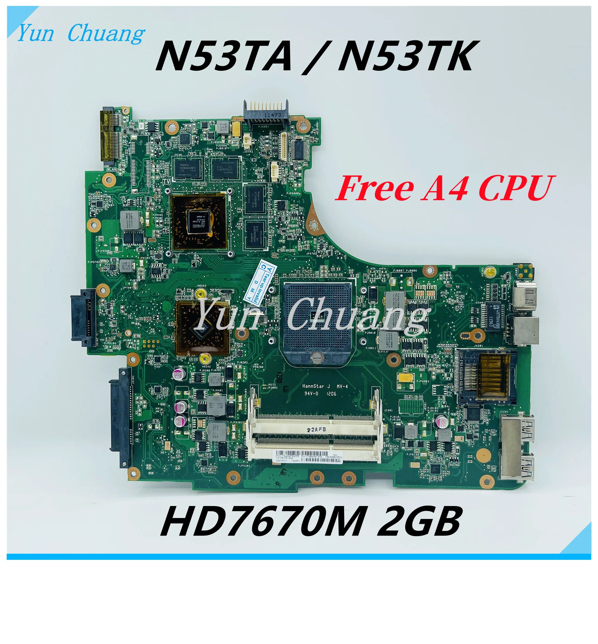 N53TA Mainboard For ASUS N53T N53TA N53TK Laptop Motherboard HD7670M 2G GPU DDR3 With Free AMD A4 processor 100% Test work