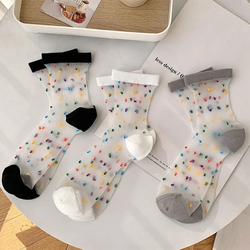 Women Transparent with Print Colorful Polka Dot Silk Ankle Short Stockings Funny Japanese Kawaii Cute White High Long Socks