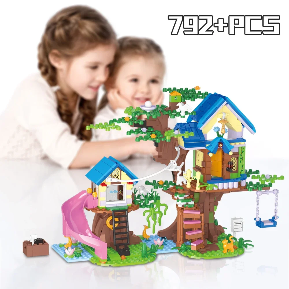 Tree Building Set with LED Light, 792pcs Mini Blicks Building Block Set Toy with Swing, Friendship Animal Forest House Kit