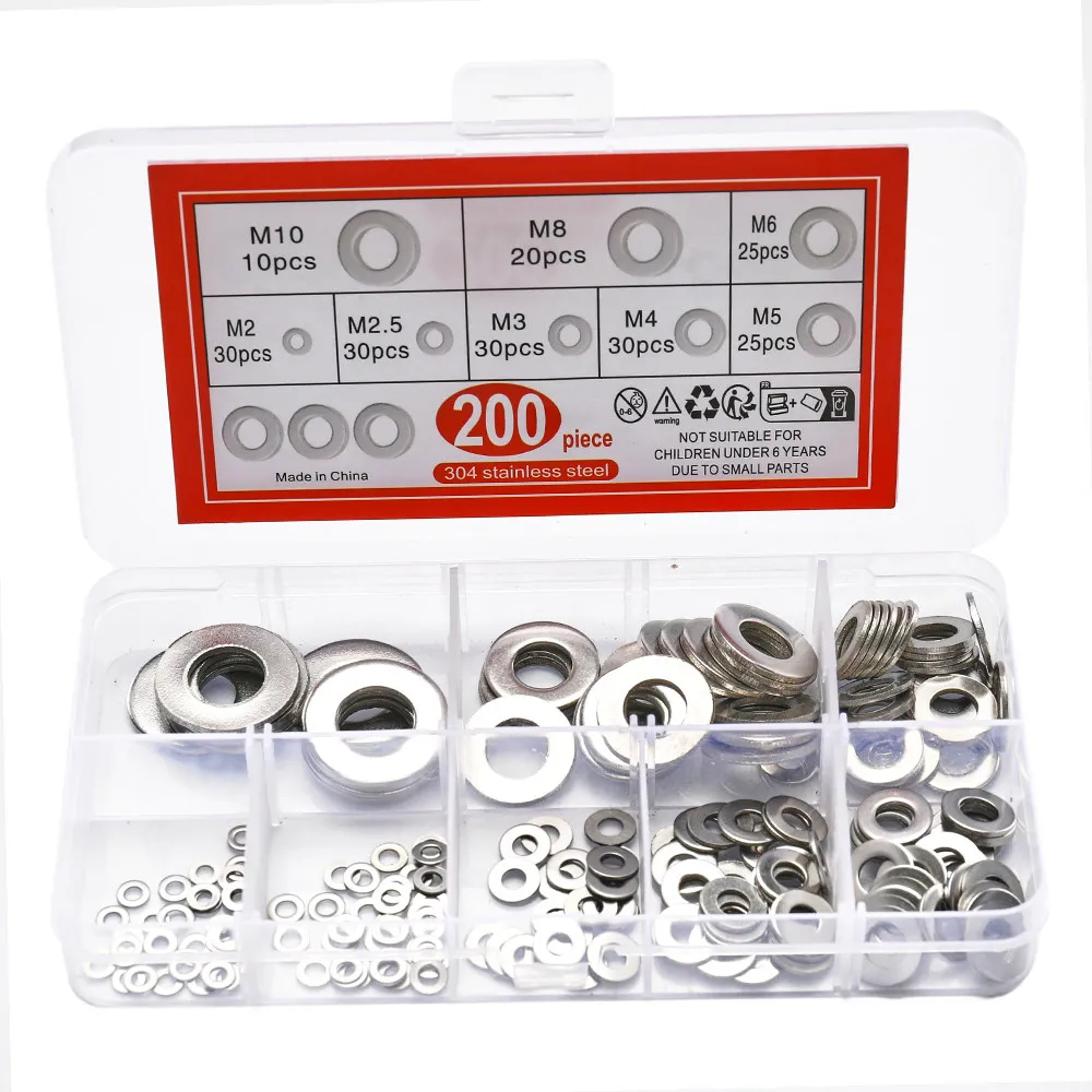 910/580/200pcs 304 Stainless Steel Flat Washers Assortment Kit (M2 M2.5 M3 M4 M5 M6 M8 M10 M12) Suitable for Home Decoration