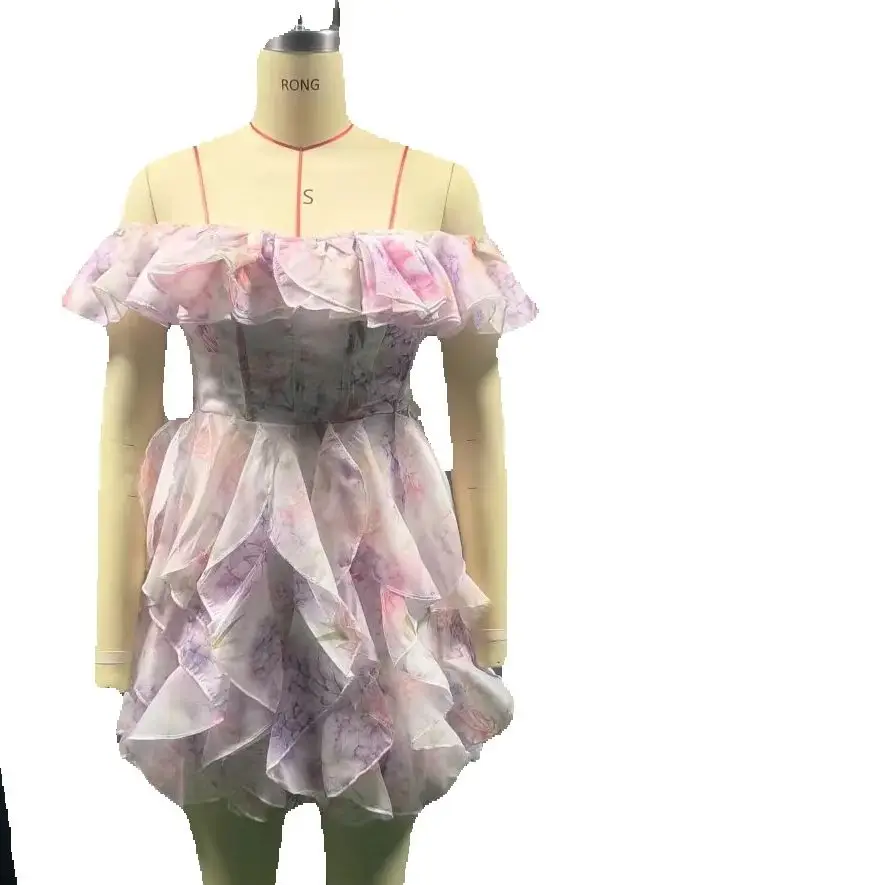 Off Shoulder Ruffle Dress Evening Club Wear Chiffon Dresses 2025 Women Summer Vintage Outfits Sexy Bodycon Pleated Mini Dress