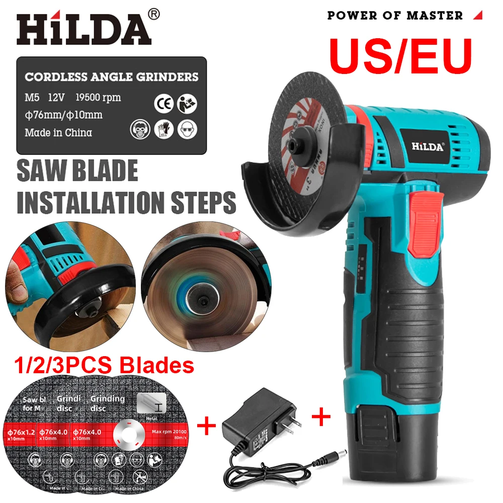 HILDA 12V Small Angle Grinder 19500RPM 300W Cordless Polishing Machine 2000mah Power Grinder with Cutting Disc