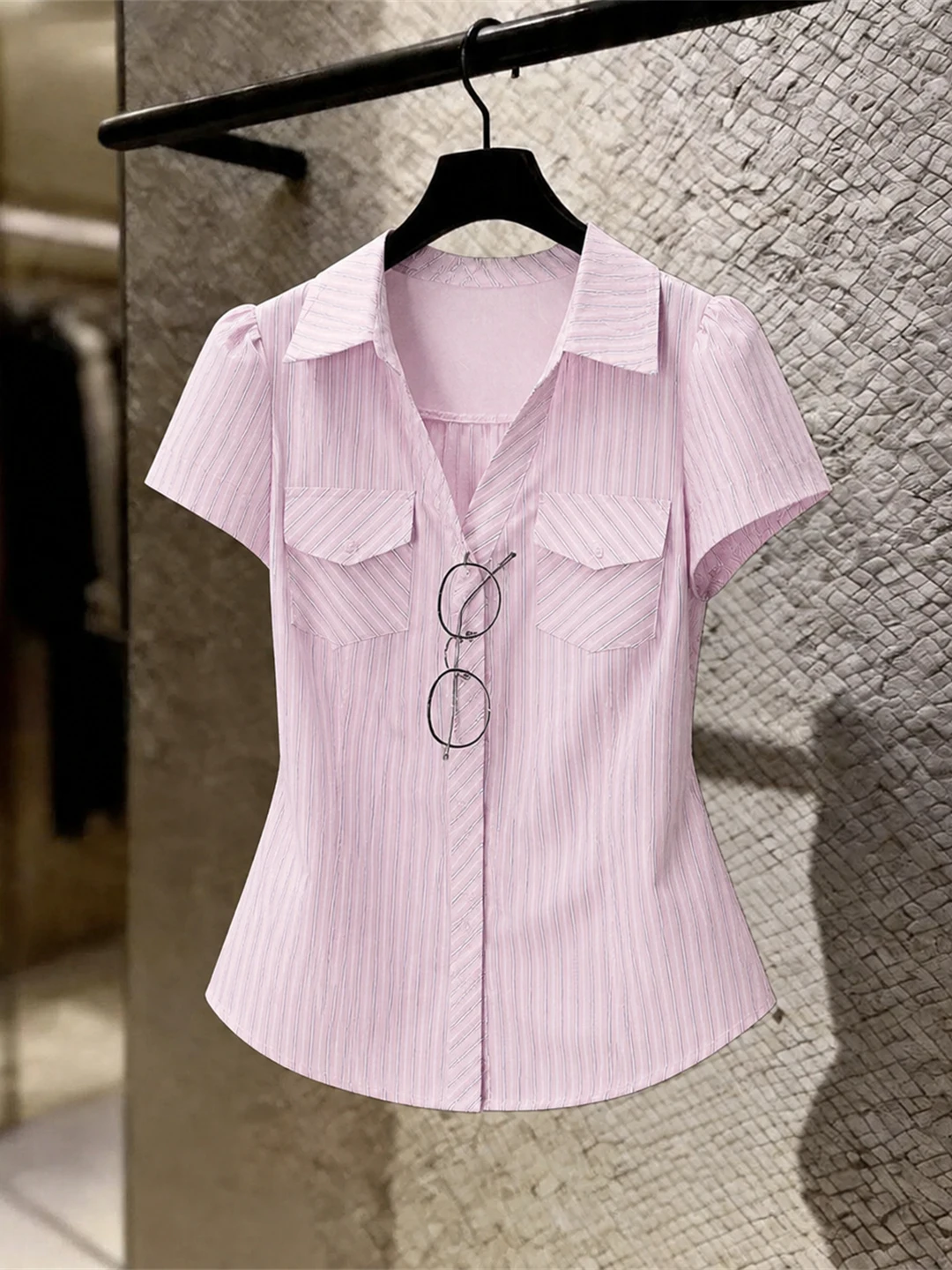 

Korean Style College Wind Striped Short Sleeve Shirt Turn-down Collar Waist-cinching Anti-aging Top Summer Shoulder-length ...