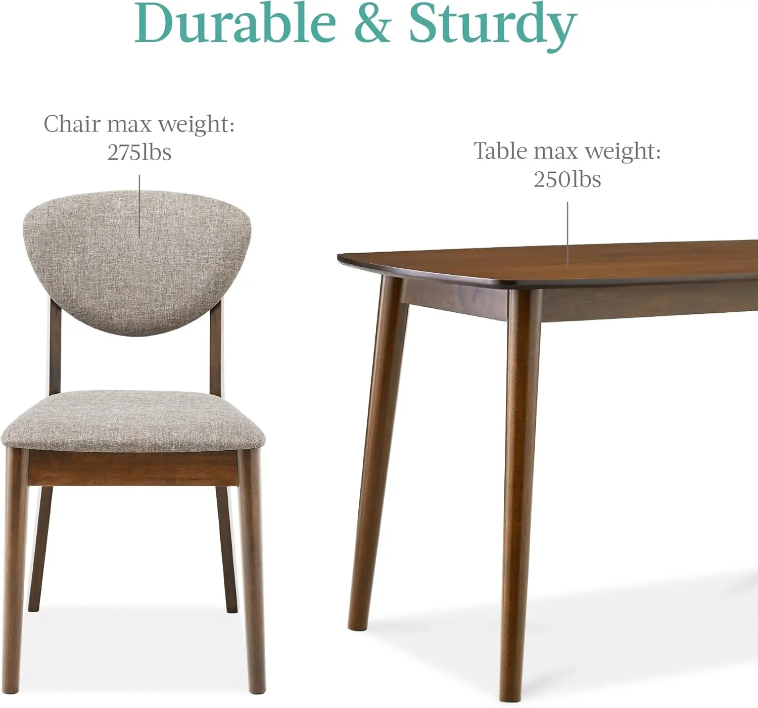 Compact Mid-Century Modern Table & Chair Set for Home, Apartment w/ 4 Chairs, Padded Seats & Backrests, Wooden Frame - Walnut/Li